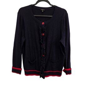 Talbots XLp Ruffle-Front Cardigan Sweater Navy Blue Red Trim. Nautical 2265